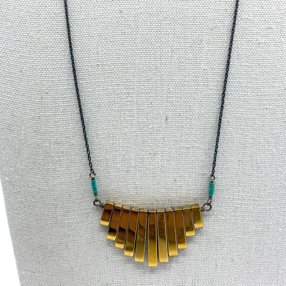 Unique Gold Tone Bar Fan Pendant Necklace Boho Layering Statement Piece Jewelry